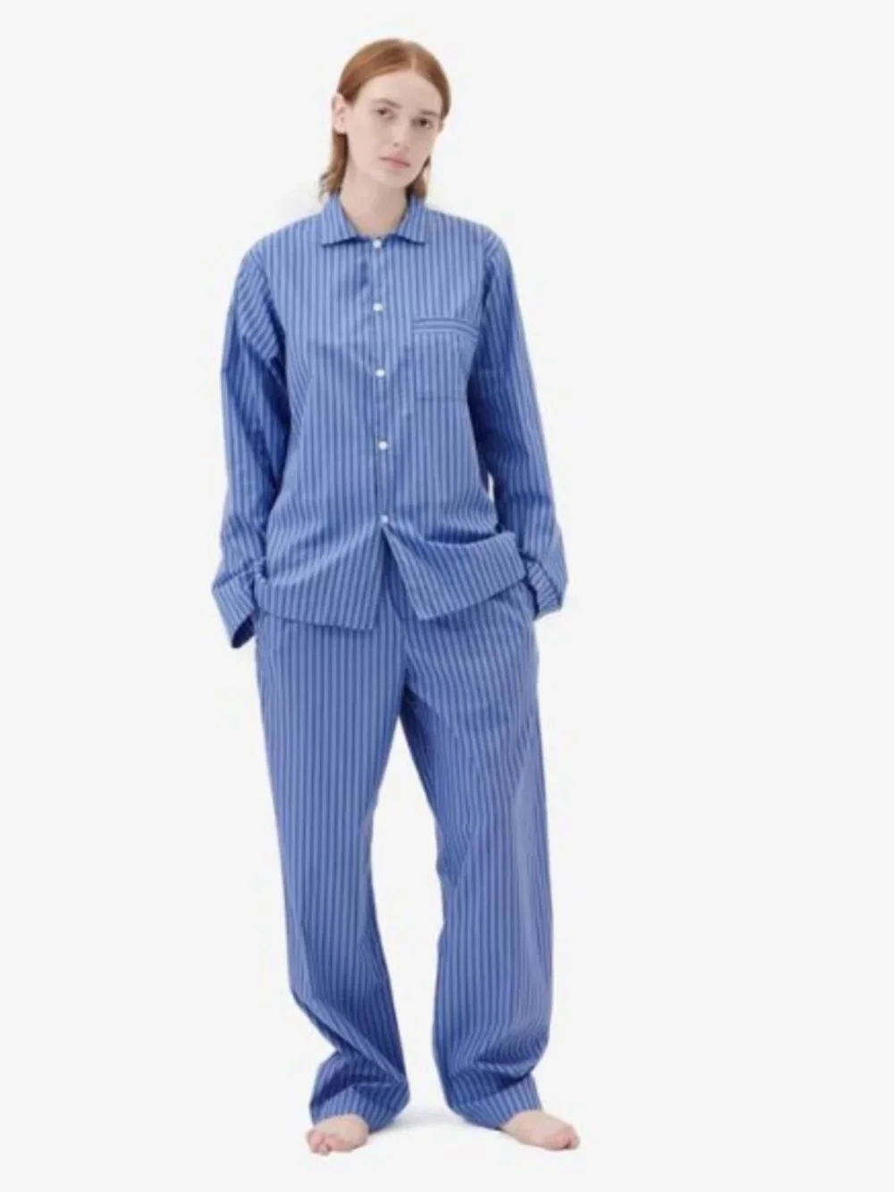 TEKLA Blue Striped Poplin Pyjama Set Size Small Matching Pants Shirt Luxury